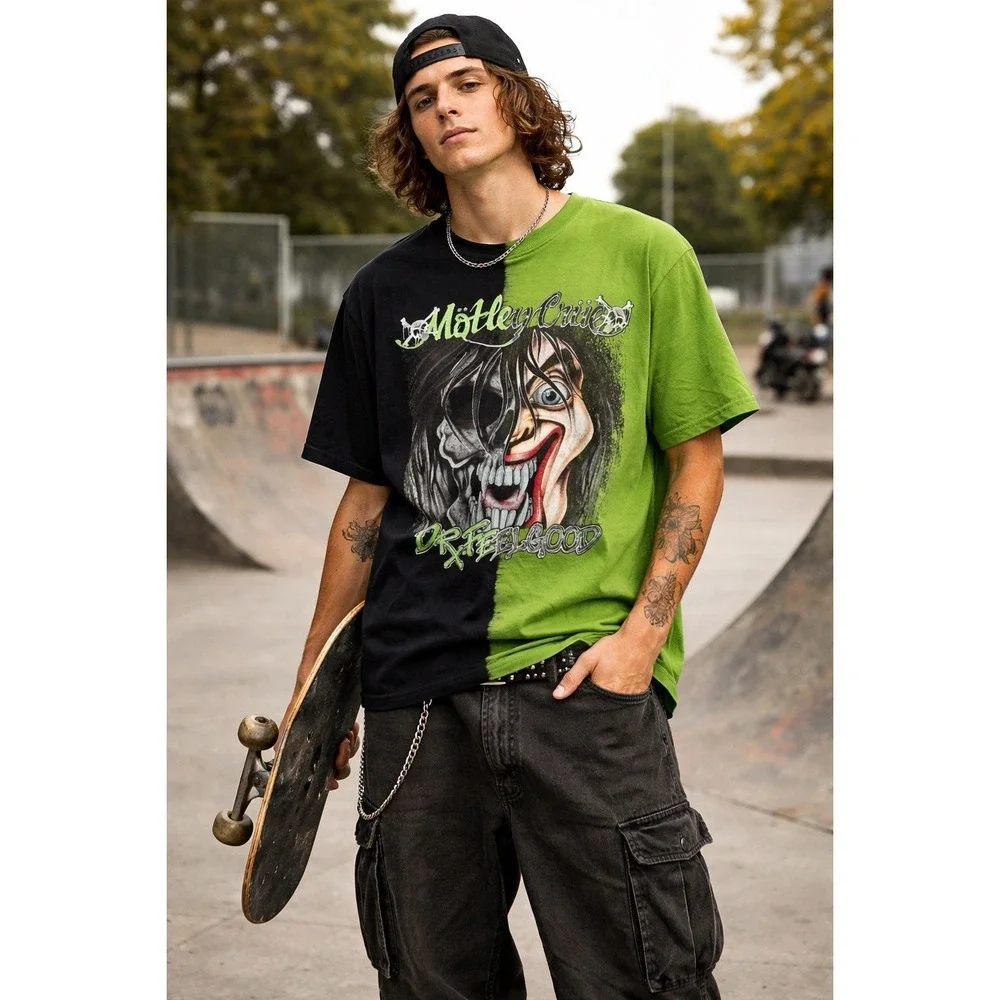 Motley Crue T-Shirt Mens Med. Dr Feelgood Split Dye Graphic Print Skater Grunge‎